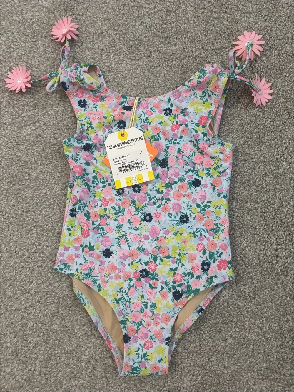 Floral Tie-Shoulder Girls One-Piece Swimsuit - Pink Multi